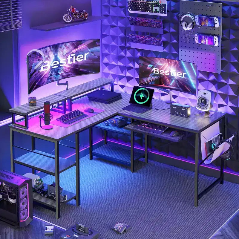Bestier 60 L Shaped Gaming Desk with Monitor Stands & Keyboard Tray, 2 Person Long Table with Shelves, RGB Corner Work Station PC Gamer Computer Desk