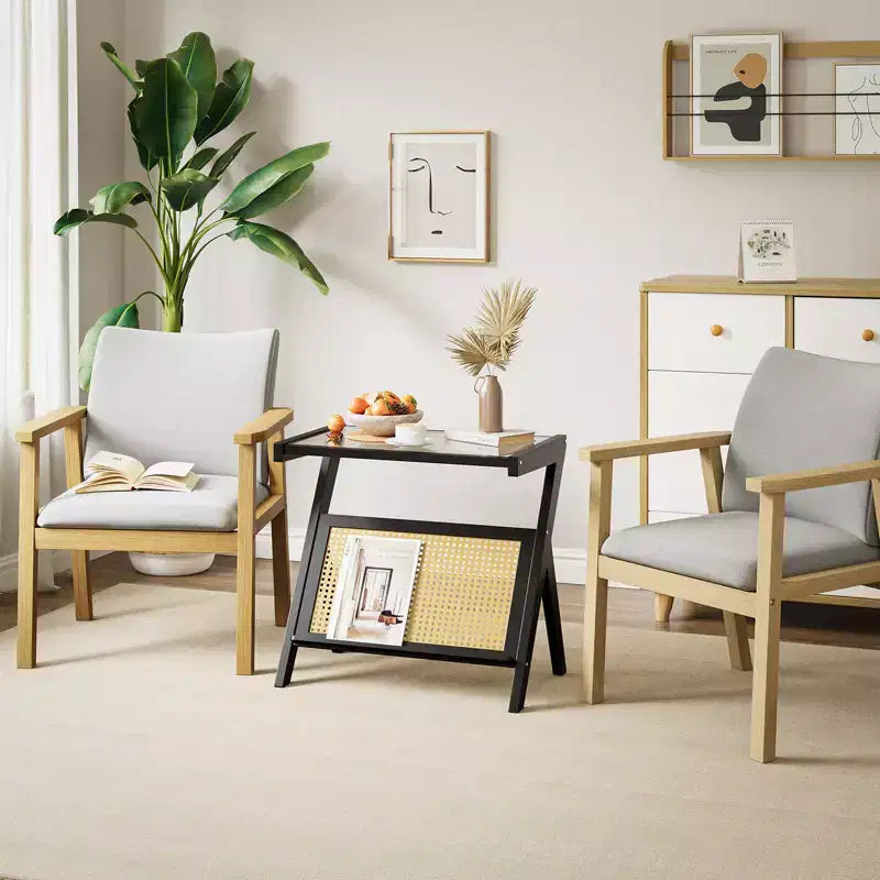 Table d'appoint en rotin avec plateau en verre trempé, cadre en bambou tressé, table de chevet moderne noire