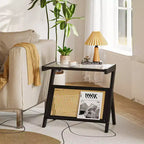 Table d'appoint en rotin avec plateau en verre trempé, cadre en bambou tressé, table de chevet moderne noire
