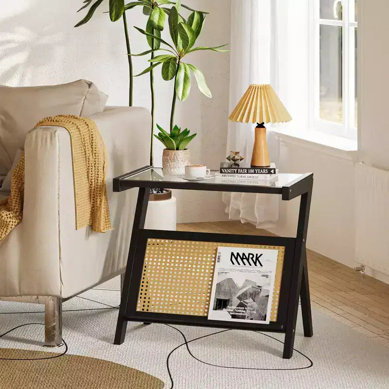 Table d'appoint en rotin avec plateau en verre trempé, cadre en bambou tressé, table de chevet moderne noire