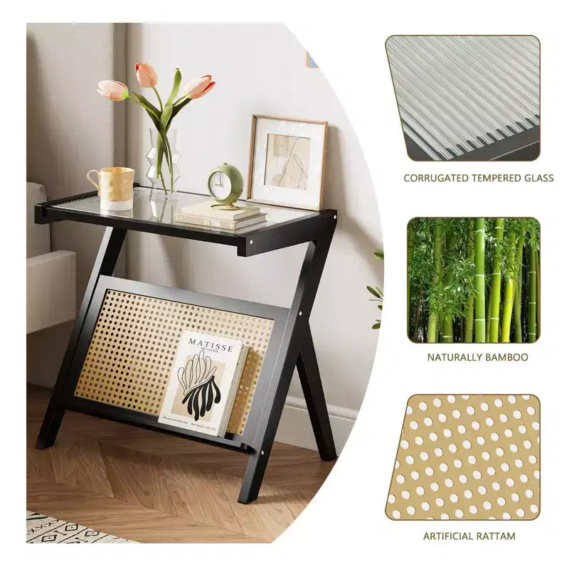 Table d'appoint en rotin avec plateau en verre trempé, cadre en bambou tressé, table de chevet moderne noire