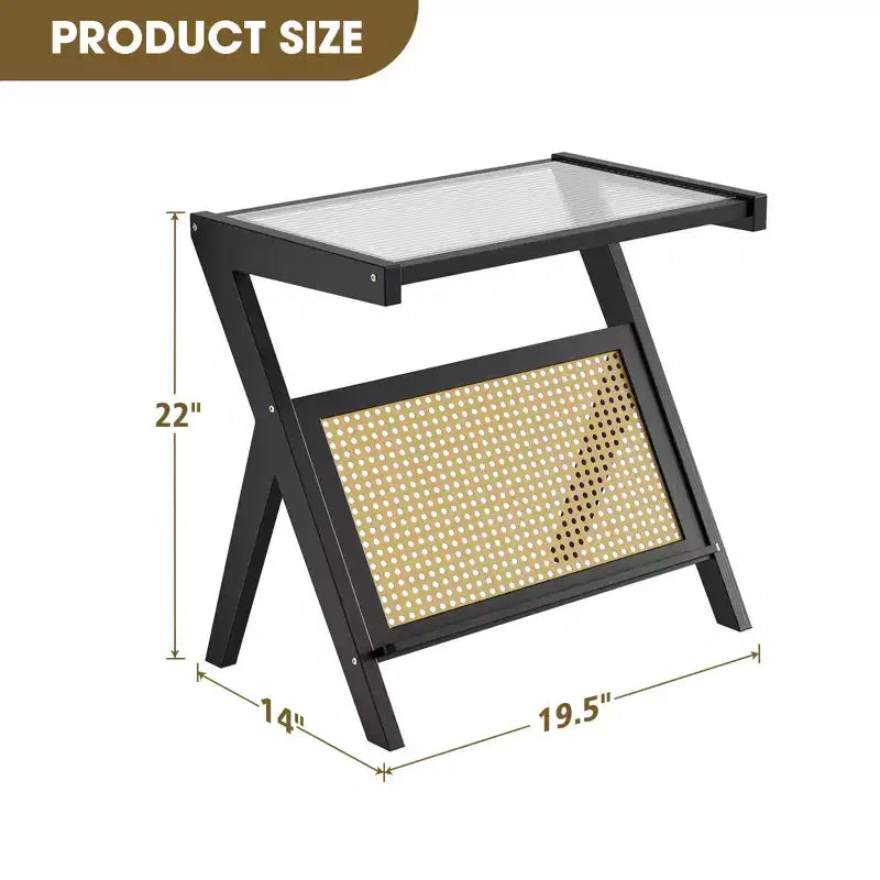 Table d'appoint en rotin avec plateau en verre trempé, cadre en bambou tressé, table de chevet moderne noire