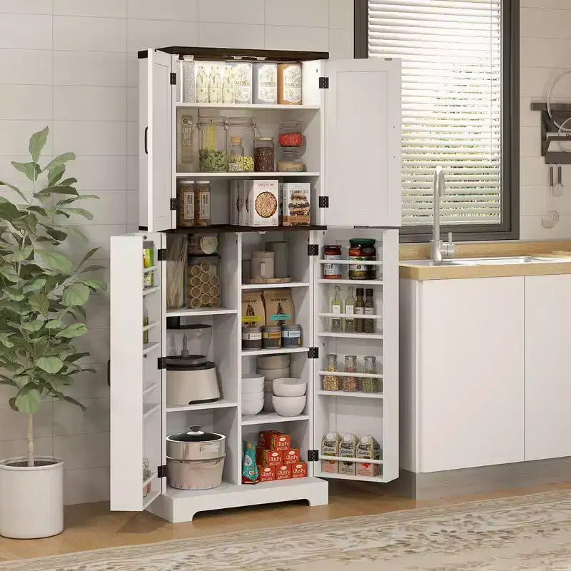 HOMCOM Grand placard de rangement de cuisine de 162 cm avec lumière à détecteur de mouvement, étagères à épices et étagères réglables, Blanc