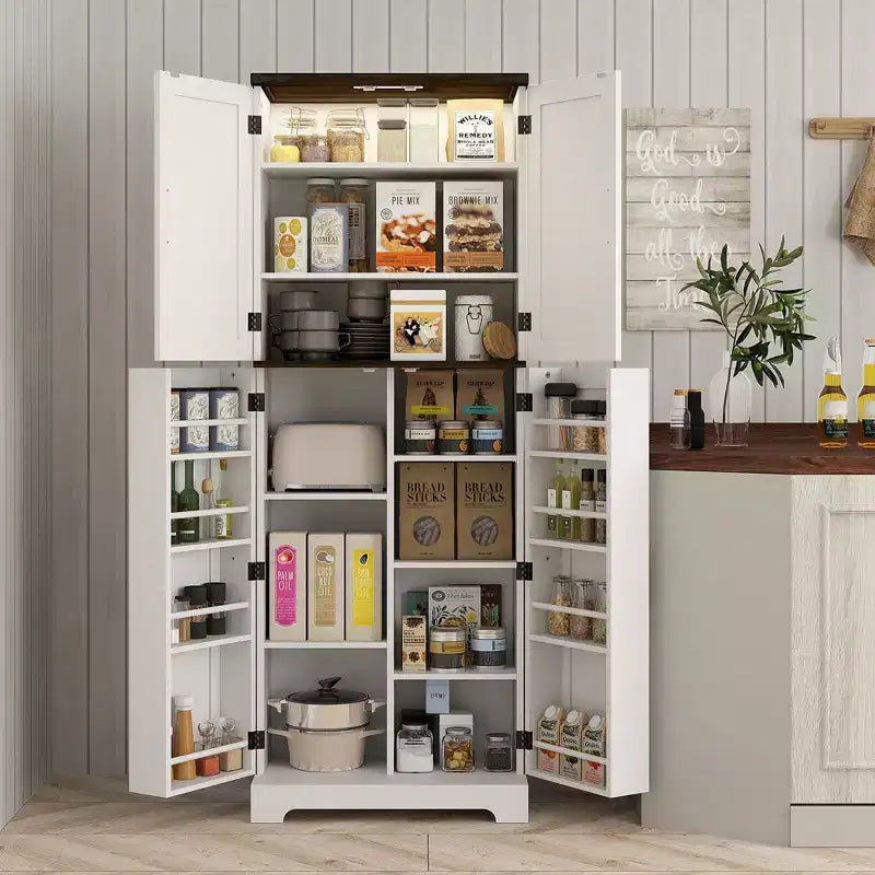 HOMCOM Grand placard de rangement de cuisine de 162 cm avec lumière à détecteur de mouvement, étagères à épices et étagères réglables, Blanc