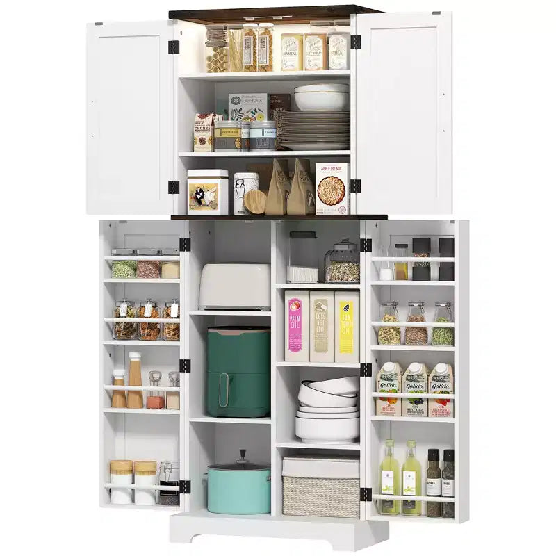 HOMCOM Grand placard de rangement de cuisine de 162 cm avec lumière à détecteur de mouvement, étagères à épices et étagères réglables, Blanc