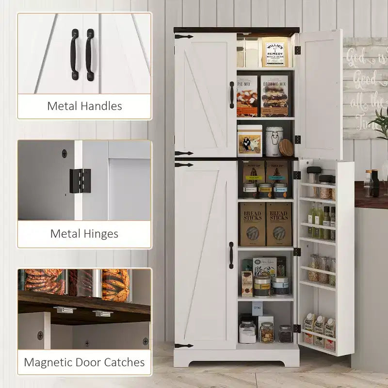HOMCOM Grand placard de rangement de cuisine de 162 cm avec lumière à détecteur de mouvement, étagères à épices et étagères réglables, Blanc