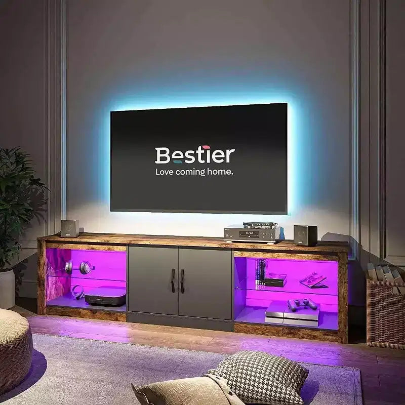 Meuble TV Bestier 70 LED pour téléviseurs jusqu'à 75 pouces, console média de centre de divertissement avec étagères réglables en verre trempé et rangement fermé pour le salon