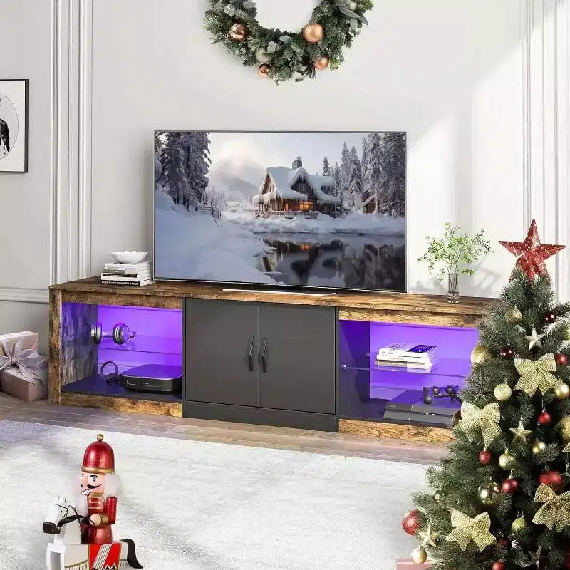 Meuble TV Bestier 70 LED pour téléviseurs jusqu'à 75 pouces, console média de centre de divertissement avec étagères réglables en verre trempé et rangement fermé pour le salon