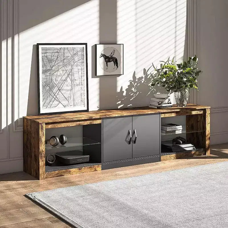Meuble TV Bestier 70 LED pour téléviseurs jusqu'à 75 pouces, console média de centre de divertissement avec étagères réglables en verre trempé et rangement fermé pour le salon