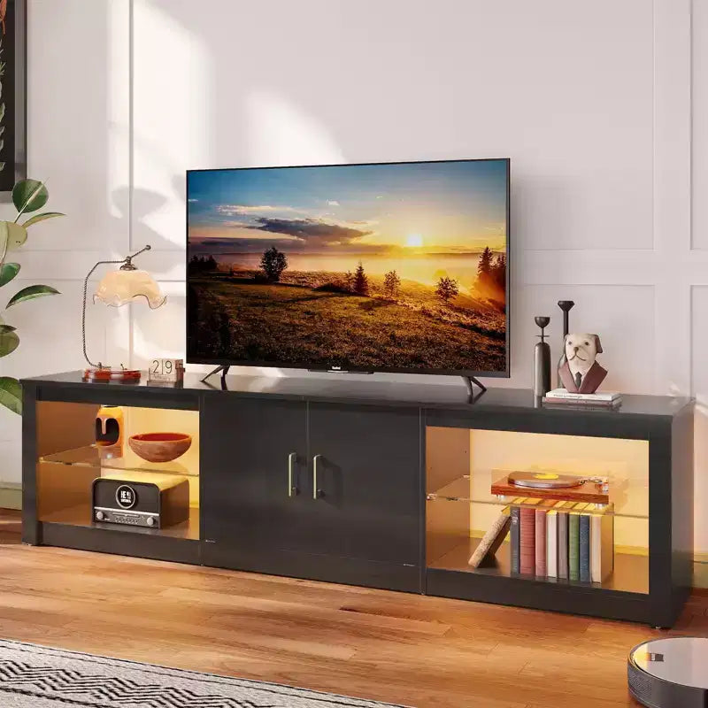 Meuble TV Bestier 70 LED pour téléviseurs jusqu'à 75 pouces, console média de centre de divertissement avec étagères réglables en verre trempé et rangement fermé pour le salon