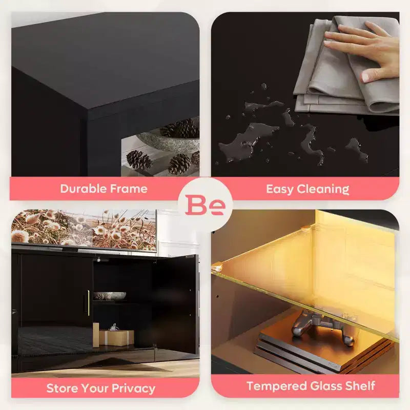 Meuble TV Bestier 70 LED pour téléviseurs jusqu'à 75 pouces, console média de centre de divertissement avec étagères réglables en verre trempé et rangement fermé pour le salon