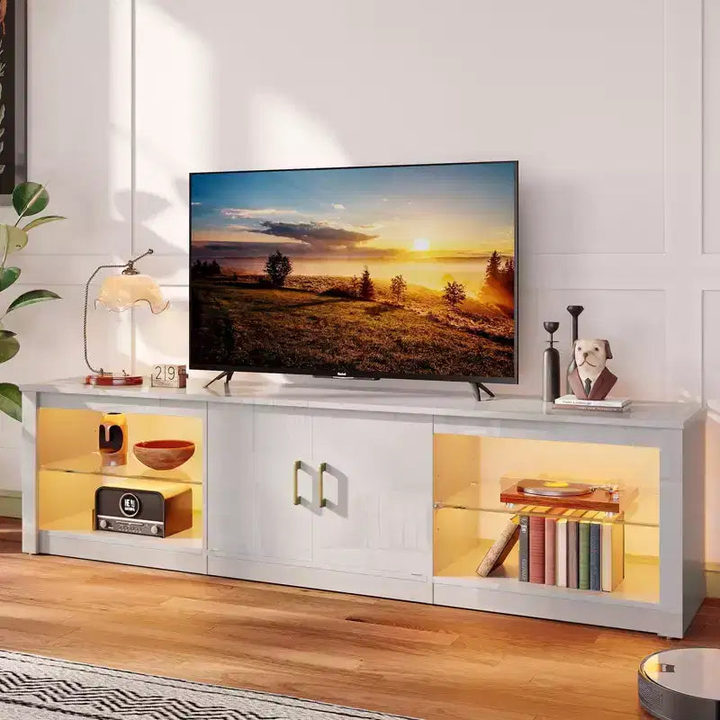 Meuble TV Bestier 70 LED pour téléviseurs jusqu'à 75 pouces, console média de centre de divertissement avec étagères réglables en verre trempé et rangement fermé pour le salon