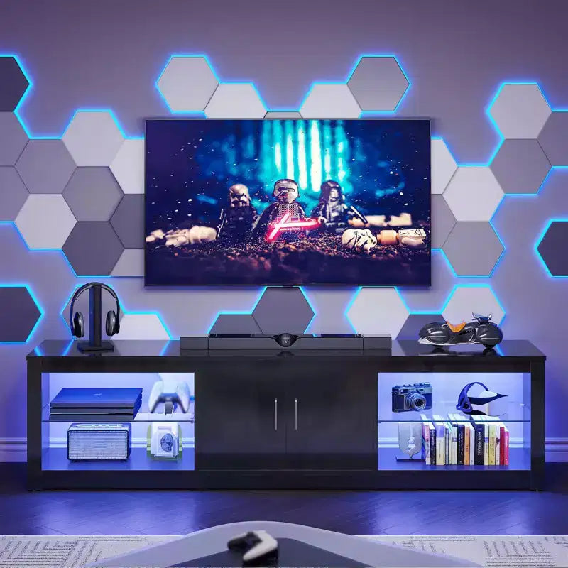 Meuble TV Bestier 70 LED pour téléviseurs jusqu'à 75 pouces, console média de centre de divertissement avec étagères réglables en verre trempé et rangement fermé pour le salon