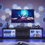 Meuble TV Bestier 70 LED pour téléviseurs jusqu'à 75 pouces, console média de centre de divertissement avec étagères réglables en verre trempé et rangement fermé pour le salon