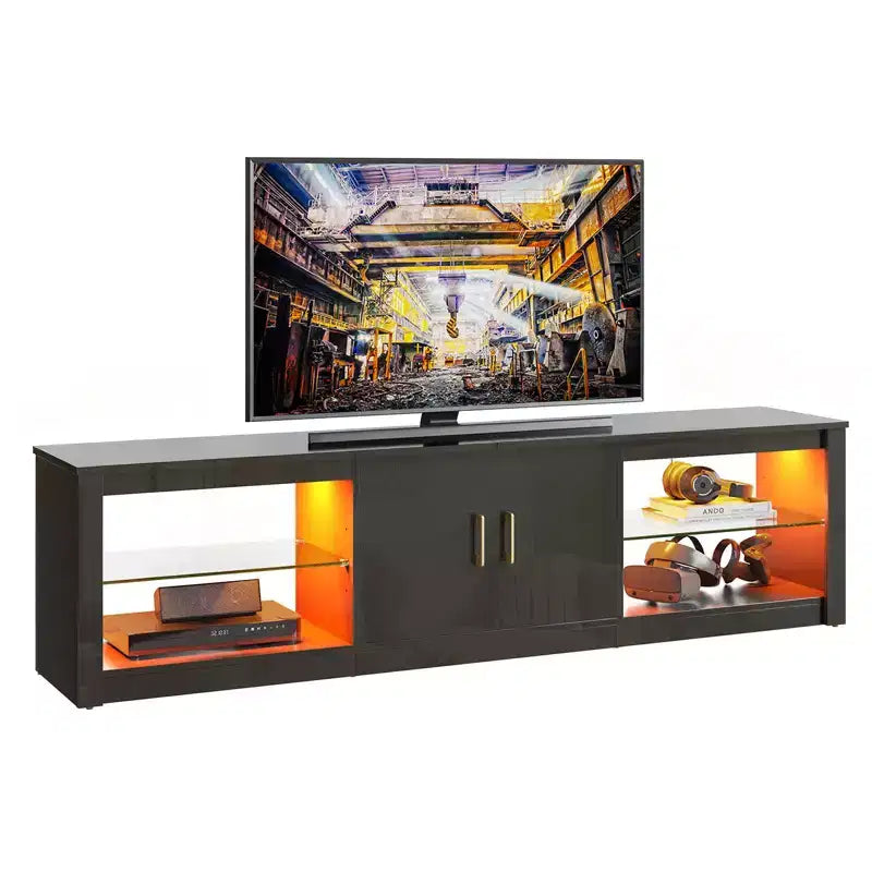 Meuble TV Bestier 70 LED pour téléviseurs jusqu'à 75 pouces, console média de centre de divertissement avec étagères réglables en verre trempé et rangement fermé pour le salon