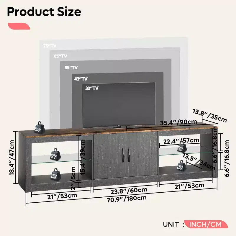 Meuble TV Bestier 70 LED pour téléviseurs jusqu'à 75 pouces, console média de centre de divertissement avec étagères réglables en verre trempé et rangement fermé pour le salon