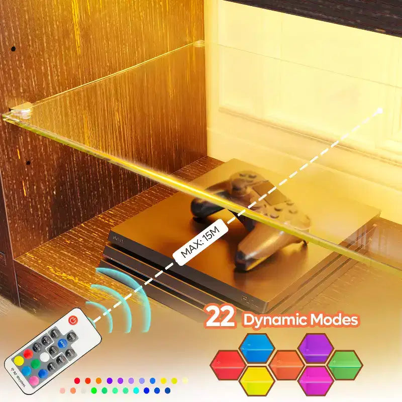 Meuble TV Bestier 70 LED pour téléviseurs jusqu'à 75 pouces, console média de centre de divertissement avec étagères réglables en verre trempé et rangement fermé pour le salon