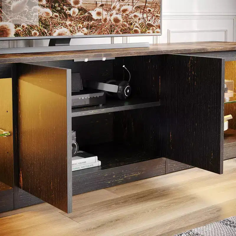 Meuble TV Bestier 70 LED pour téléviseurs jusqu'à 75 pouces, console média de centre de divertissement avec étagères réglables en verre trempé et rangement fermé pour le salon