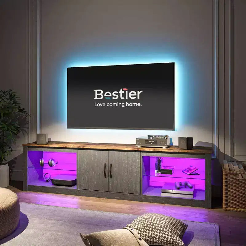 Meuble TV Bestier 70 LED pour téléviseurs jusqu'à 75 pouces, console média de centre de divertissement avec étagères réglables en verre trempé et rangement fermé pour le salon