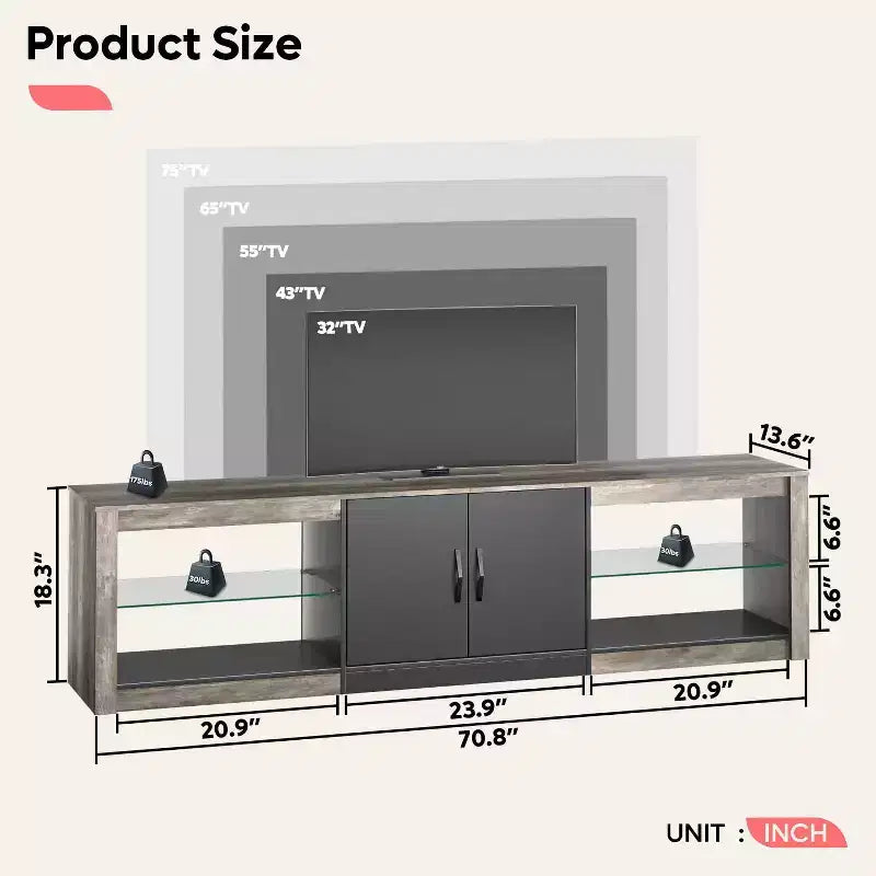 Meuble TV Bestier 70 LED pour téléviseurs jusqu'à 75 pouces, console média de centre de divertissement avec étagères réglables en verre trempé et rangement fermé pour le salon