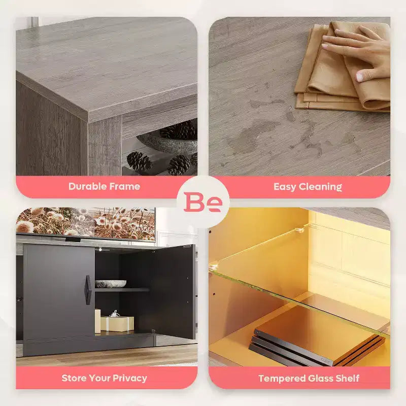 Meuble TV Bestier 70 LED pour téléviseurs jusqu'à 75 pouces, console média de centre de divertissement avec étagères réglables en verre trempé et rangement fermé pour le salon
