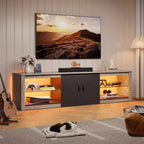 Meuble TV Bestier 70 LED pour téléviseurs jusqu'à 75 pouces, console média de centre de divertissement avec étagères réglables en verre trempé et rangement fermé pour le salon