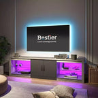 Meuble TV Bestier 70 LED pour téléviseurs jusqu'à 75 pouces, console média de centre de divertissement avec étagères réglables en verre trempé et rangement fermé pour le salon