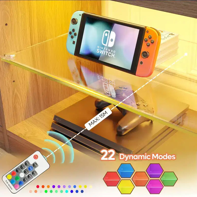Meuble TV Bestier 70 LED pour téléviseurs jusqu'à 75 pouces, console média de centre de divertissement avec étagères réglables en verre trempé et rangement fermé pour le salon