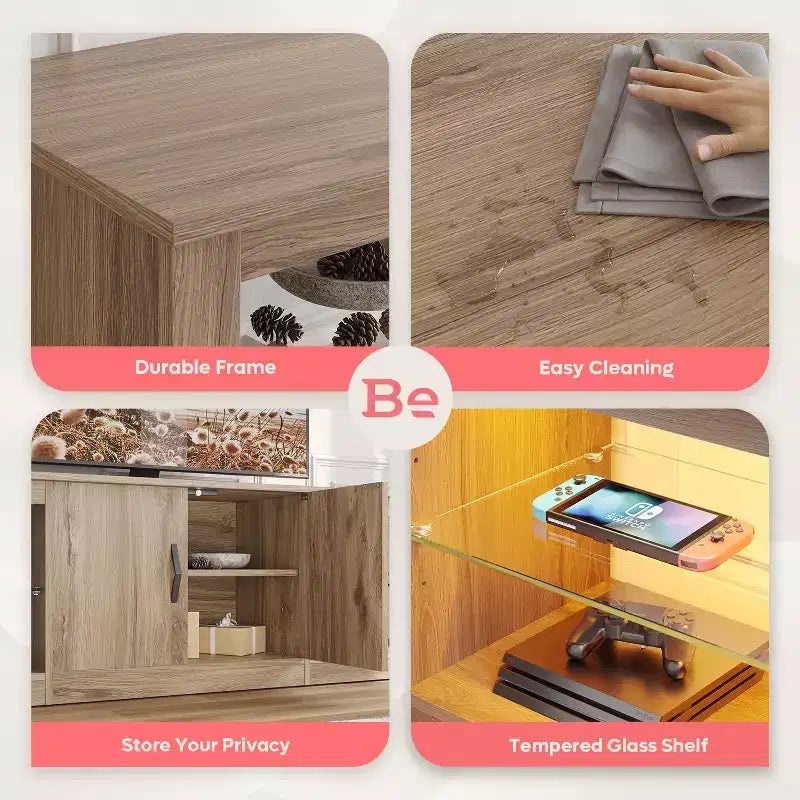 Meuble TV Bestier 70 LED pour téléviseurs jusqu'à 75 pouces, console média de centre de divertissement avec étagères réglables en verre trempé et rangement fermé pour le salon