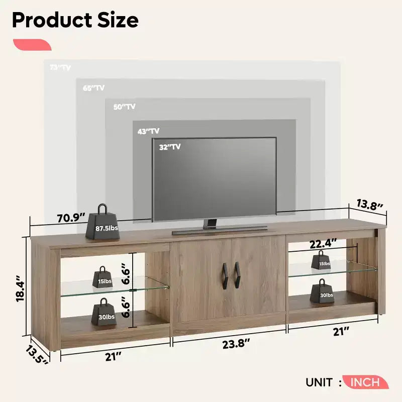 Meuble TV Bestier 70 LED pour téléviseurs jusqu'à 75 pouces, console média de centre de divertissement avec étagères réglables en verre trempé et rangement fermé pour le salon