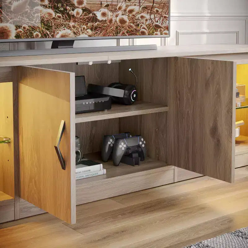 Meuble TV Bestier 70 LED pour téléviseurs jusqu'à 75 pouces, console média de centre de divertissement avec étagères réglables en verre trempé et rangement fermé pour le salon
