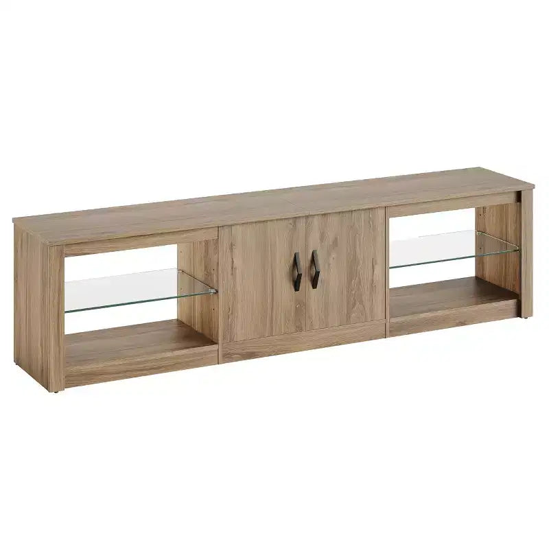 Meuble TV Bestier 70 LED pour téléviseurs jusqu'à 75 pouces, console média de centre de divertissement avec étagères réglables en verre trempé et rangement fermé pour le salon
