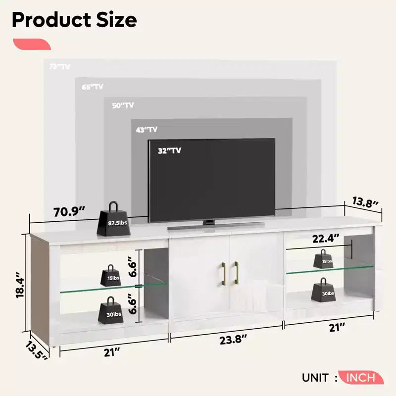 Meuble TV Bestier 70 LED pour téléviseurs jusqu'à 75 pouces, console média de centre de divertissement avec étagères réglables en verre trempé et rangement fermé pour le salon