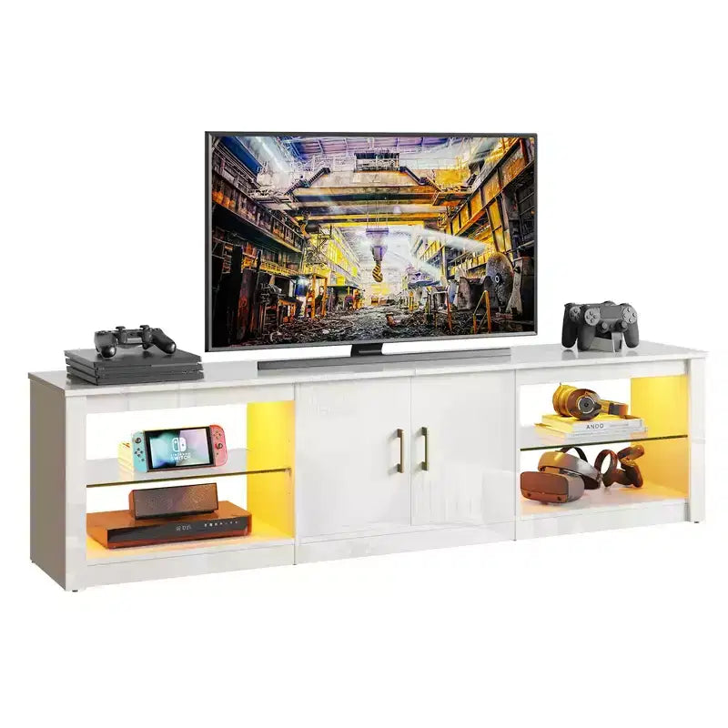 Meuble TV Bestier 70 LED pour téléviseurs jusqu'à 75 pouces, console média de centre de divertissement avec étagères réglables en verre trempé et rangement fermé pour le salon