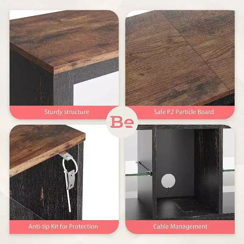 Meuble TV Bestier 70 LED pour téléviseurs jusqu'à 75 pouces, console média de centre de divertissement avec étagères réglables en verre trempé et rangement fermé pour le salon