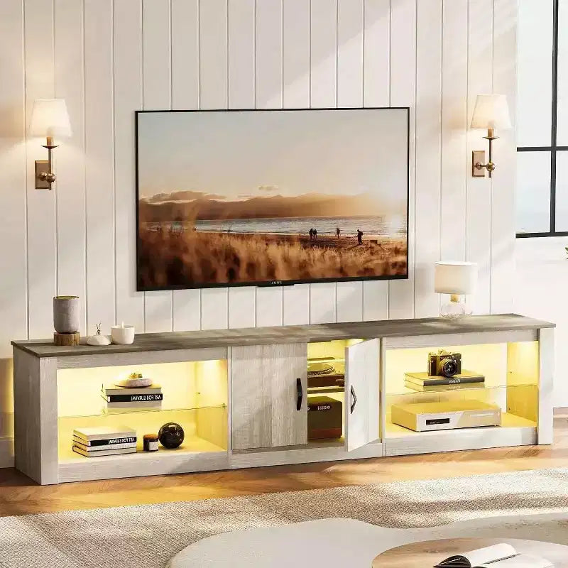 Meuble TV Bestier 70 LED pour téléviseurs jusqu'à 75 pouces, console média de centre de divertissement avec étagères réglables en verre trempé et rangement fermé pour le salon