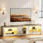 Meuble TV Bestier 70 LED pour téléviseurs jusqu'à 75 pouces, console média de centre de divertissement avec étagères réglables en verre trempé et rangement fermé pour le salon