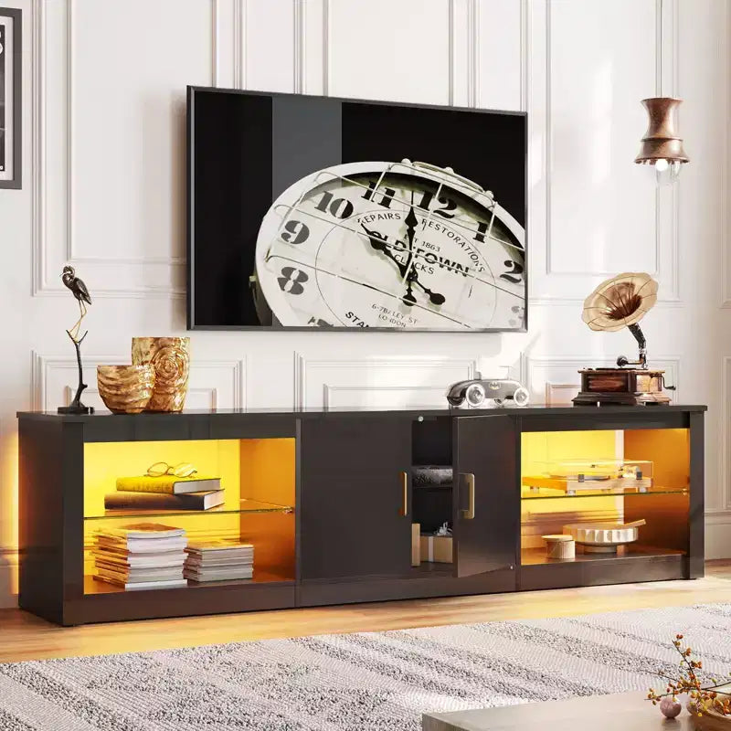 Meuble TV Bestier 70 LED pour téléviseurs jusqu'à 75 pouces, console média de centre de divertissement avec étagères réglables en verre trempé et rangement fermé pour le salon