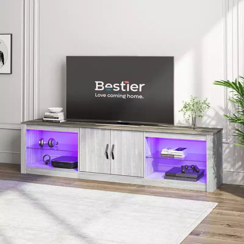 Meuble TV Bestier 70 LED pour téléviseurs jusqu'à 75 pouces, console média de centre de divertissement avec étagères réglables en verre trempé et rangement fermé pour le salon