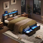 Bestier Full Bed Frame with Hidden Storage Headboard&Dual LED Light,Black PU Leather Bed with 2 Drawers, 2 Tier Shelves with Charging Station