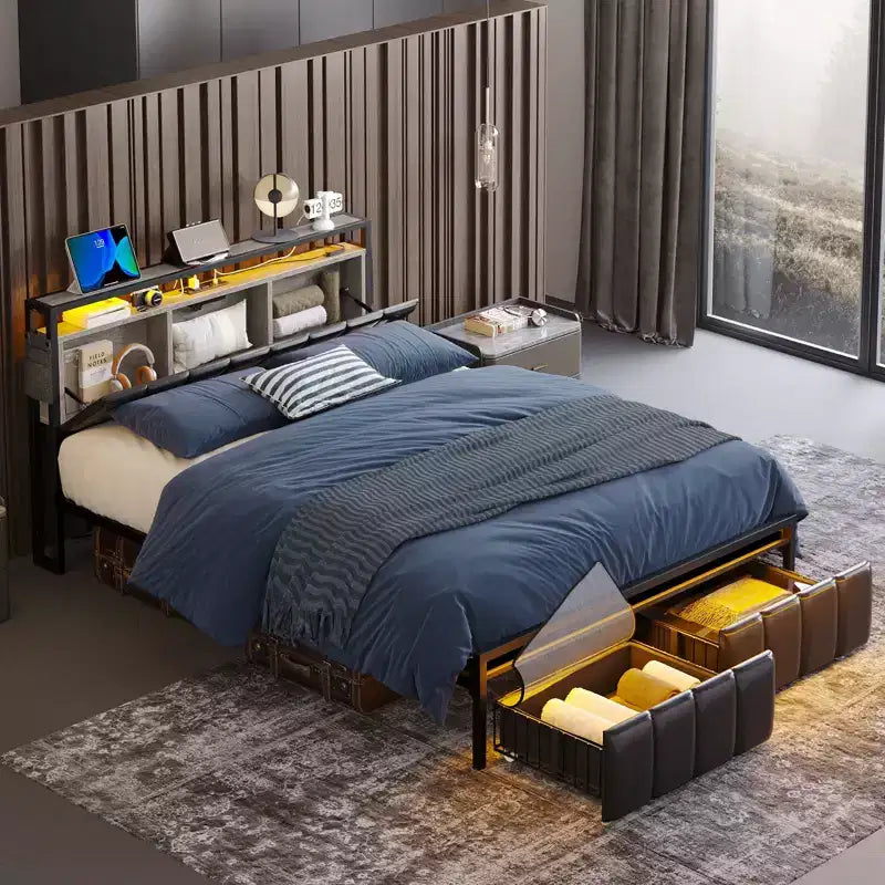 Lit double Bestier avec tête de lit de rangement cachée et double éclairage LED, lit en cuir PU noir avec 2 tiroirs, étagères à 2 niveaux avec station de charge