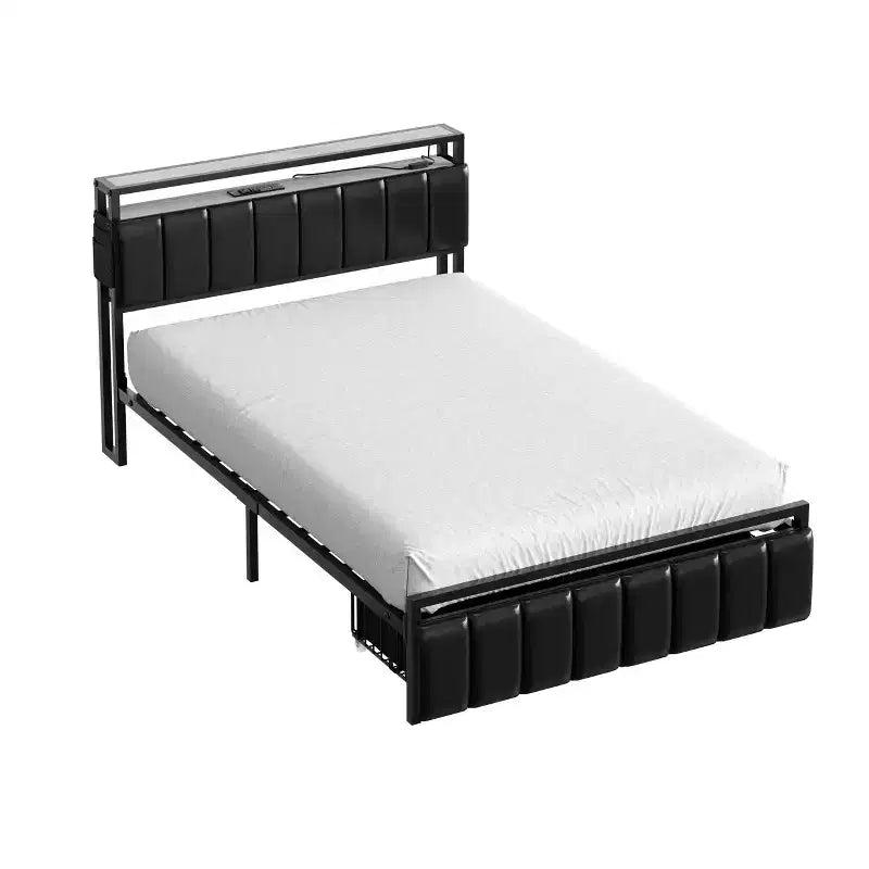 Lit double Bestier avec tête de lit de rangement cachée et double éclairage LED, lit en cuir PU noir avec 2 tiroirs, étagères à 2 niveaux avec station de charge