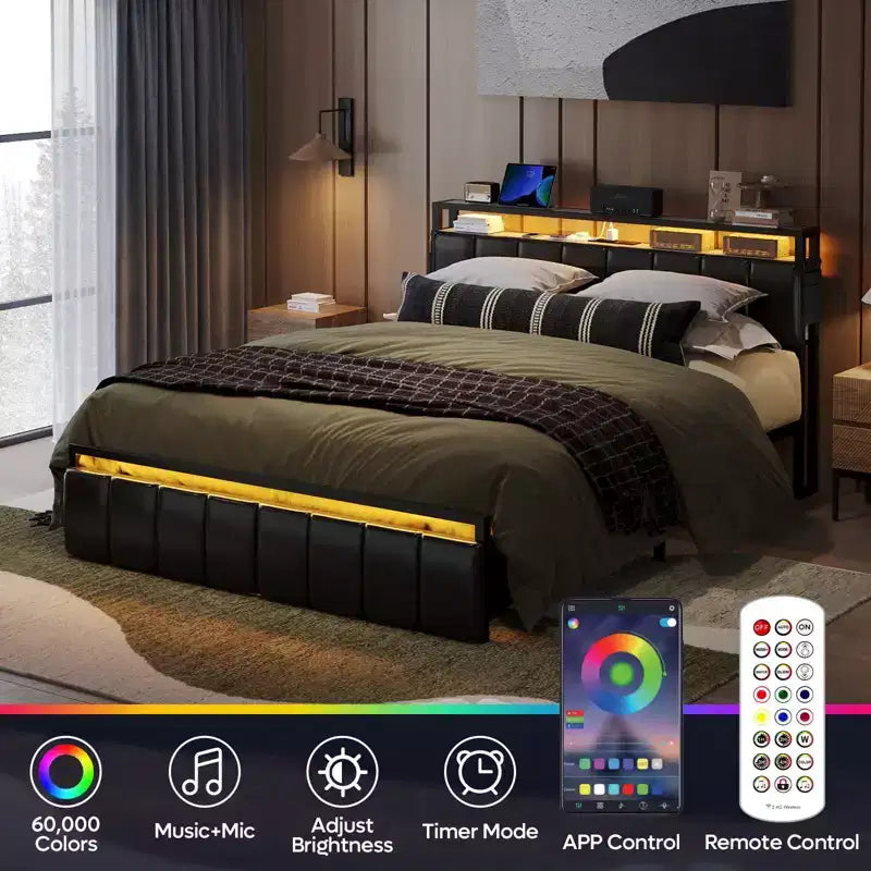 Lit double Bestier avec tête de lit de rangement cachée et double éclairage LED, lit en cuir PU noir avec 2 tiroirs, étagères à 2 niveaux avec station de charge