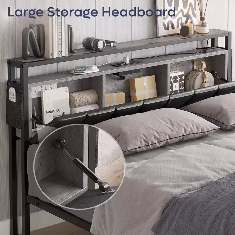 Lit double Bestier avec tête de lit de rangement cachée et double éclairage LED, lit en cuir PU noir avec 2 tiroirs, étagères à 2 niveaux avec station de charge