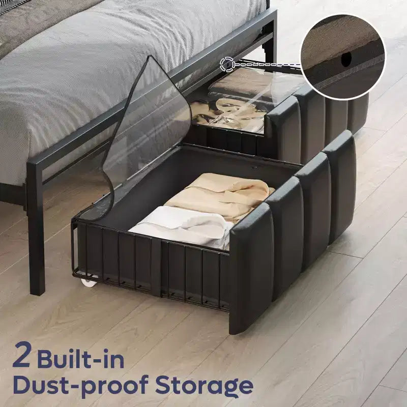 Lit double Bestier avec tête de lit de rangement cachée et double éclairage LED, lit en cuir PU noir avec 2 tiroirs, étagères à 2 niveaux avec station de charge