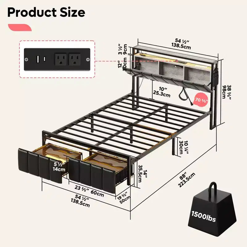 Lit double Bestier avec tête de lit de rangement cachée et double éclairage LED, lit en cuir PU noir avec 2 tiroirs, étagères à 2 niveaux avec station de charge