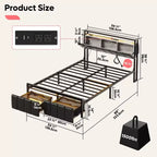 Lit double Bestier avec tête de lit de rangement cachée et double éclairage LED, lit en cuir PU noir avec 2 tiroirs, étagères à 2 niveaux avec station de charge