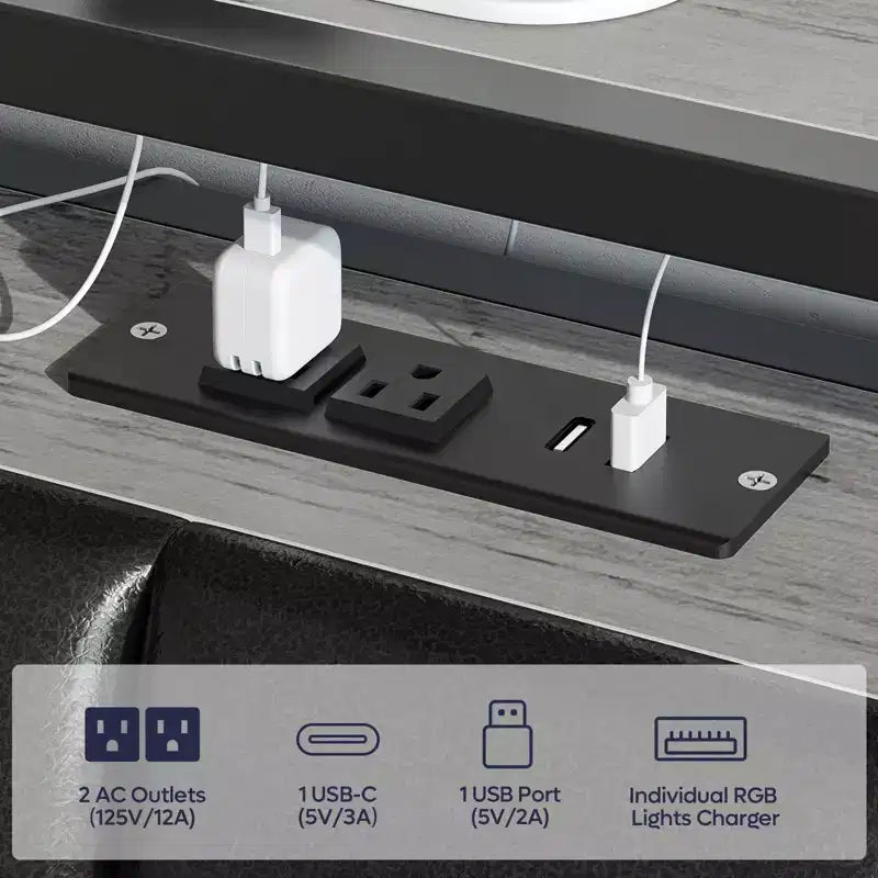 Lit double Bestier avec tête de lit de rangement cachée et double éclairage LED, lit en cuir PU noir avec 2 tiroirs, étagères à 2 niveaux avec station de charge