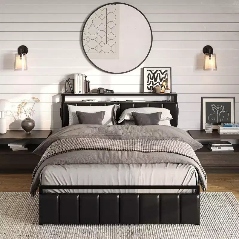 Lit double Bestier avec tête de lit de rangement cachée et double éclairage LED, lit en cuir PU noir avec 2 tiroirs, étagères à 2 niveaux avec station de charge