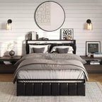 Lit double Bestier avec tête de lit de rangement cachée et double éclairage LED, lit en cuir PU noir avec 2 tiroirs, étagères à 2 niveaux avec station de charge